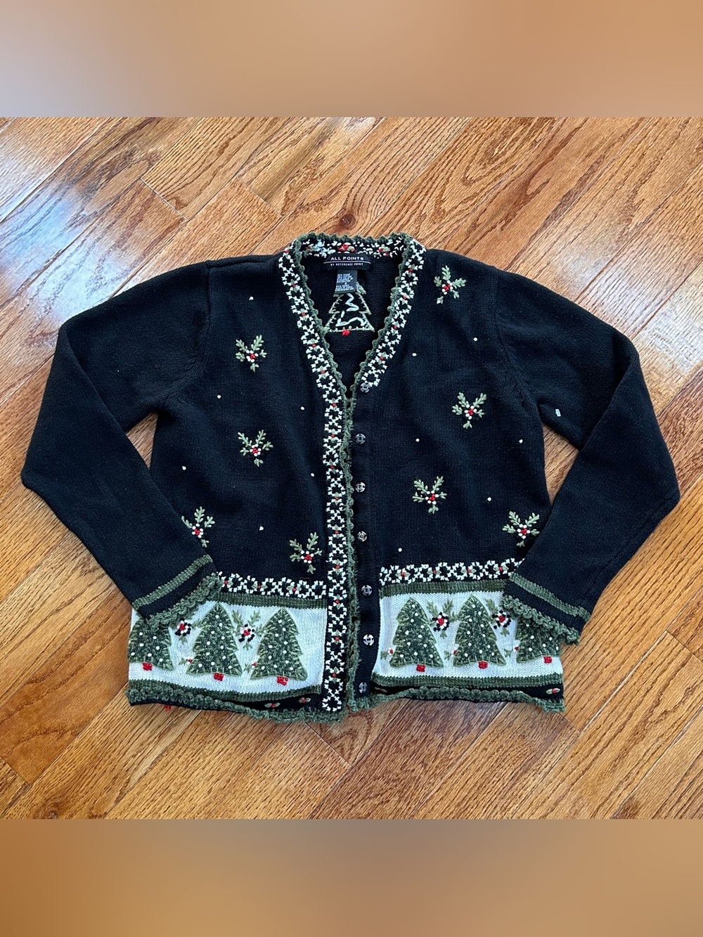 Vintage Christmas Embroidered Cardigan Sweater Small Ugly Reference Point Tree